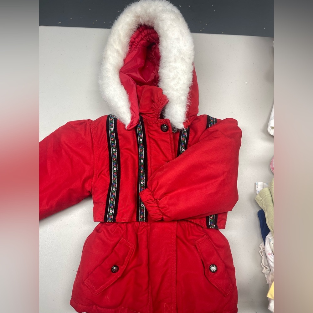 Y2K Red Girls Puffer Coat Faux Fur Hood | Outbrook Kids 4T